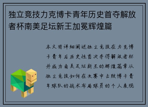 独立竞技力克博卡青年历史首夺解放者杯南美足坛新王加冕辉煌篇